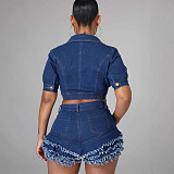 Fashionable Slim Fit Frayed Tassel Short-Sleeve Denim Two-Piece Set YUNM-59015