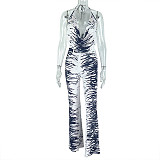 Fashionable Zebra Print Backless Tie-Waist Top and Wide-Leg Pants Set JY-919092