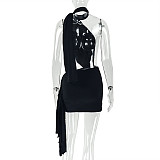 Fashion Solid Color Patchwork Backless Tie-up Pleated Asymmetrical Bodycon Dress JY-303053