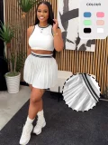 Fashionable Round Neck Sleeveless Color Block Striped Vest Pleated Skirt Two-Piece Set HANI-3089