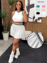 Fashionable Round Neck Sleeveless Color Block Striped Vest Pleated Skirt Two-Piece Set HANI-3089
