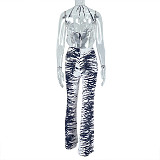 Fashionable Zebra Print Backless Tie-Waist Top and Wide-Leg Pants Set JY-919092