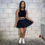 Fashionable Round Neck Sleeveless Color Block Striped Vest Pleated Skirt Two-Piece Set HANI-3089