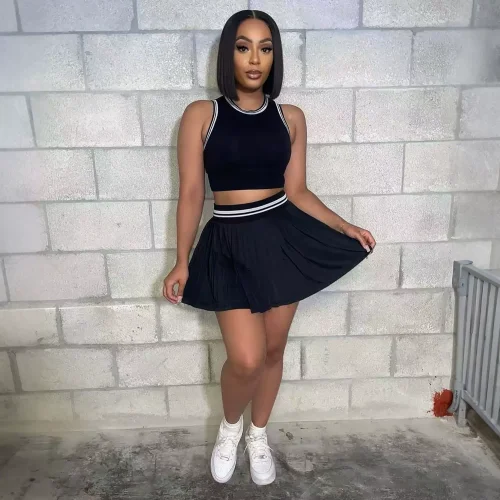 Fashionable Round Neck Sleeveless Color Block Striped Vest Pleated Skirt Two-Piece Set HANI-3089
