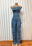 New Strapless Button-Up Multi-Pocket Workwear Denim Jumpsuit RS-9825