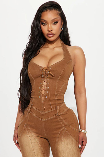 Sexy Hot Girl Halter-Neck Bound Washed Denim Jumpsuit RS-T2313