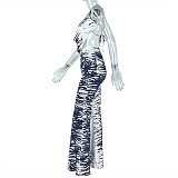 Fashionable Zebra Print Backless Tie-Waist Top and Wide-Leg Pants Set JY-919092
