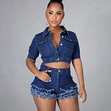 Fashionable Slim Fit Frayed Tassel Short-Sleeve Denim Two-Piece Set YUNM-59015