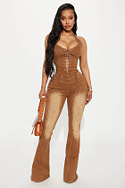 Sexy Hot Girl Halter-Neck Bound Washed Denim Jumpsuit RS-T2313