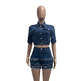 Fashionable Slim Fit Frayed Tassel Short-Sleeve Denim Two-Piece Set YUNM-59015