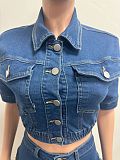 Fashionable Slim Fit Frayed Tassel Short-Sleeve Denim Two-Piece Set YUNM-59015