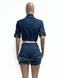 Fashionable Slim Fit Frayed Tassel Short-Sleeve Denim Two-Piece Set YUNM-59015