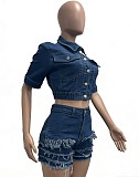 Fashionable Slim Fit Frayed Tassel Short-Sleeve Denim Two-Piece Set YUNM-59015
