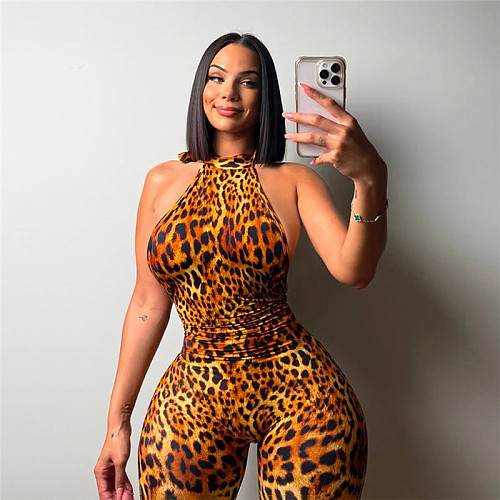 Leopard Print Tight Backless One-piece Pants Jumpsuit SHD-9539