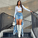 Fashionable Slit Fringe Irregular Frayed Hem Denim Midi Skirt RS-60302