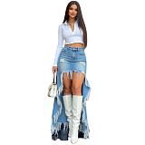 Fashionable Slit Fringe Irregular Frayed Hem Denim Midi Skirt RS-60302