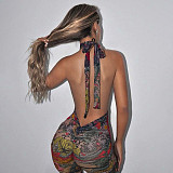 Sexy Fashion Net Sheer Flower Print Tight Backless One-Piece Pants SHD-9540