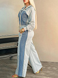 Casual Denim Patchwork Zipper Long-Sleeve Wide-Leg Pants Set RS-8000