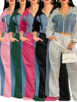 Casual Denim Patchwork Zipper Long-Sleeve Wide-Leg Pants Set RS-8000