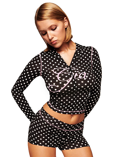 Fashionable Pink Letter Print Slim Fit Retro Sweet Polka Dot Hooded Set RS-2772