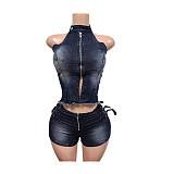 Fashionable Stretch Denim Backless Sleeveless Shorts Set MEM-88683