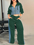 Casual Denim Patchwork Zipper Long-Sleeve Wide-Leg Pants Set RS-8000