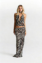 Sexy Zebra Print Sleeveless Halter Neck Bow Neck Tie-Waist Long Dress Set SHD-9965