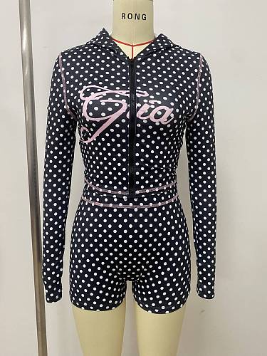 Fashionable Pink Letter Print Slim Fit Retro Sweet Polka Dot Hooded Set RS-2772