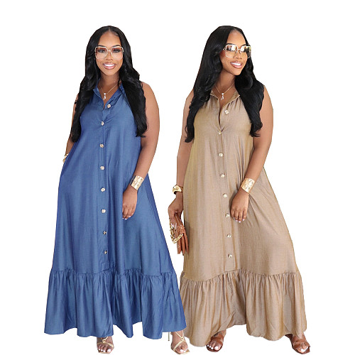 Casual Lapel Button-Down Loose Sleeveless Ruffle Dress PMR-TW851