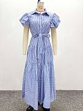 Fashion Striped Short-Sleeve Loose-Fitting Slit Midi Dress QZ-6290