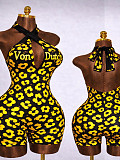Fashion Letter Print Crossover Halter Neck Deep V Backless Jumpsuit Shorts RS-26105