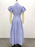 Fashion Striped Short-Sleeve Loose-Fitting Slit Midi Dress QZ-6290