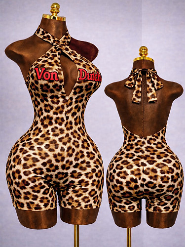 Fashion Letter Print Crossover Halter Neck Deep V Backless Jumpsuit Shorts RS-26105