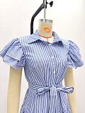 Fashion Striped Short-Sleeve Loose-Fitting Slit Midi Dress QZ-6290