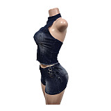 Fashionable Stretch Denim Backless Sleeveless Shorts Set MEM-88683