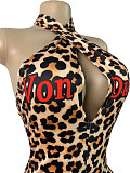 Fashion Letter Print Crossover Halter Neck Deep V Backless Jumpsuit Shorts RS-26105
