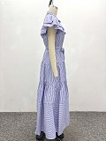 Fashion Striped Short-Sleeve Loose-Fitting Slit Midi Dress QZ-6290
