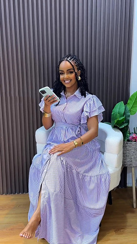 Fashion Striped Short-Sleeve Loose-Fitting Slit Midi Dress QZ-6290
