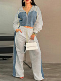 Casual Denim Patchwork Zipper Long-Sleeve Wide-Leg Pants Set RS-8000
