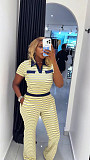 Casual Color-Blocked Collared Slim-Fit Short-Sleeve Top and Straight-Leg Pants Two-Piece Set QZ-8389