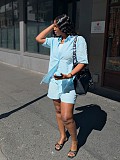 Casual Solid Color Collared Shirt and Loose Shorts Set QZ-7787