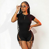 Fashionable Crew Neck Zipper Solid Color Ribbed Cross Tie Three-Quarter Jumpsuit XYWL-26RP027