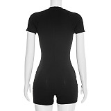 Fashionable Crew Neck Zipper Solid Color Ribbed Cross Tie Three-Quarter Jumpsuit XYWL-26RP027
