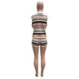 Fashion Striped Crochet Polo Shirt and Shorts Set TX-83046