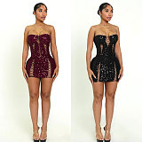 Fashionable Elastic Hollow-Out Strapless Bodycon Sequin Mini Dress NY-3865