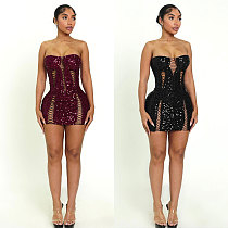 Fashionable Elastic Hollow-Out Strapless Bodycon Sequin Mini Dress NY-3865