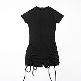 Fashionable Crew Neck Zipper Solid Color Ribbed Cross Tie Three-Quarter Jumpsuit XYWL-26RP027