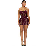Fashionable Elastic Hollow-Out Strapless Bodycon Sequin Mini Dress NY-3865