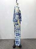 Casual Loose Collared Cardigan Printed Shirt and Trousers Two-Piece Set QZ-7712
