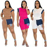 Casual Denim Patchwork Short-Sleeve Top and Shorts Two-Piece Set RS-3085